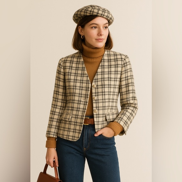 Talbots Jackets & Blazers - Vintage Talbots Handwoven 100% Silk Cream Brown Plaid 4 Button Blazer Sz 8